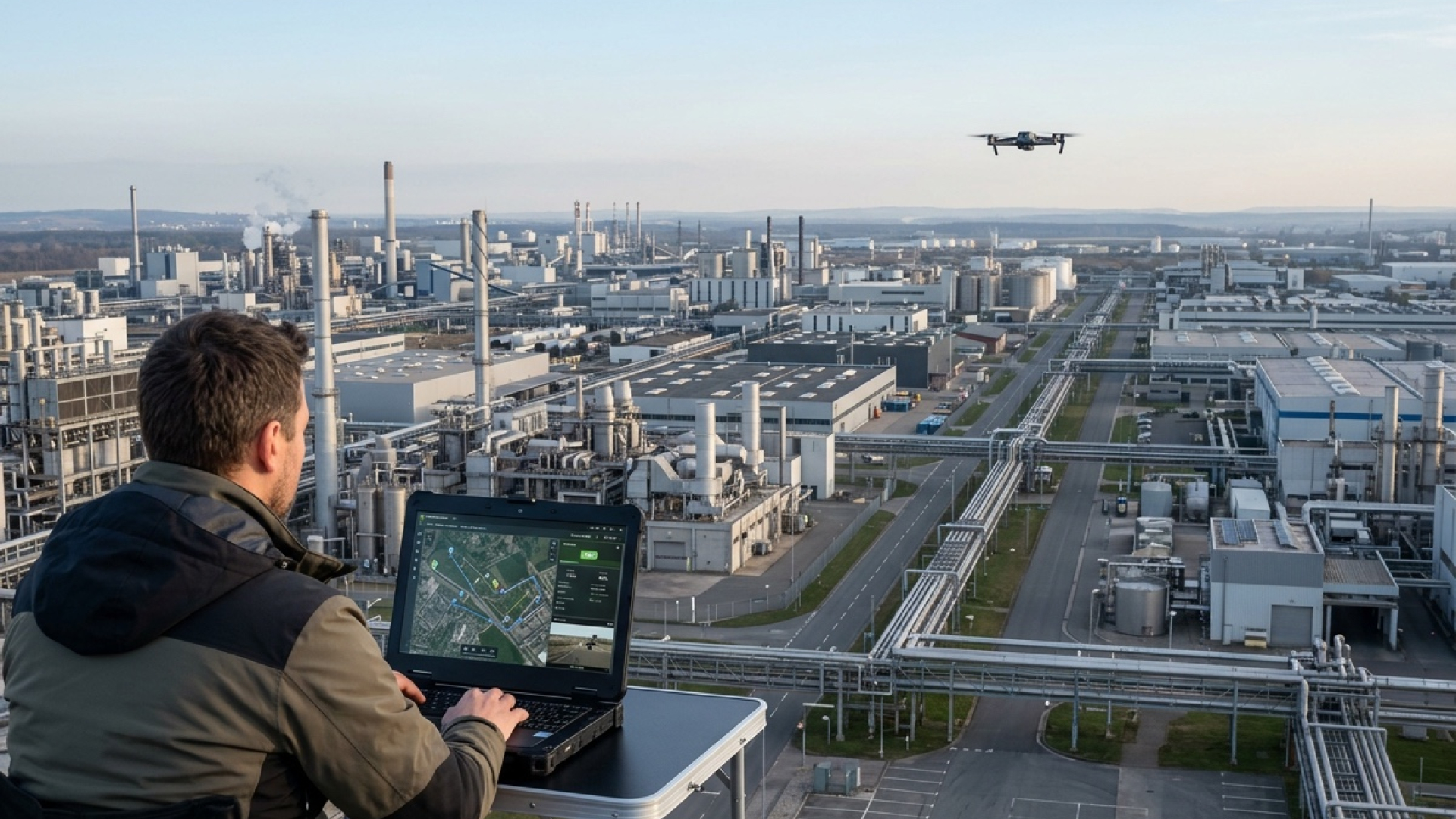 dron mizící za horizontem nad průmyslovým areálem