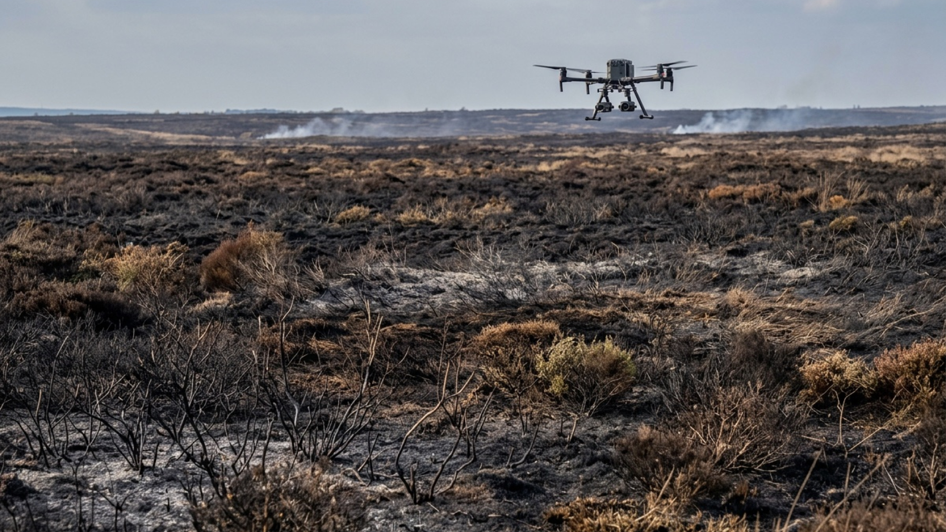 vřesoviště po požáru, v pozadí DRON s termální kamerou