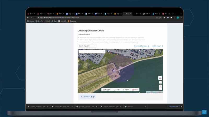 Odemčení DJI geozóny, výběr oblasti pro odemčení