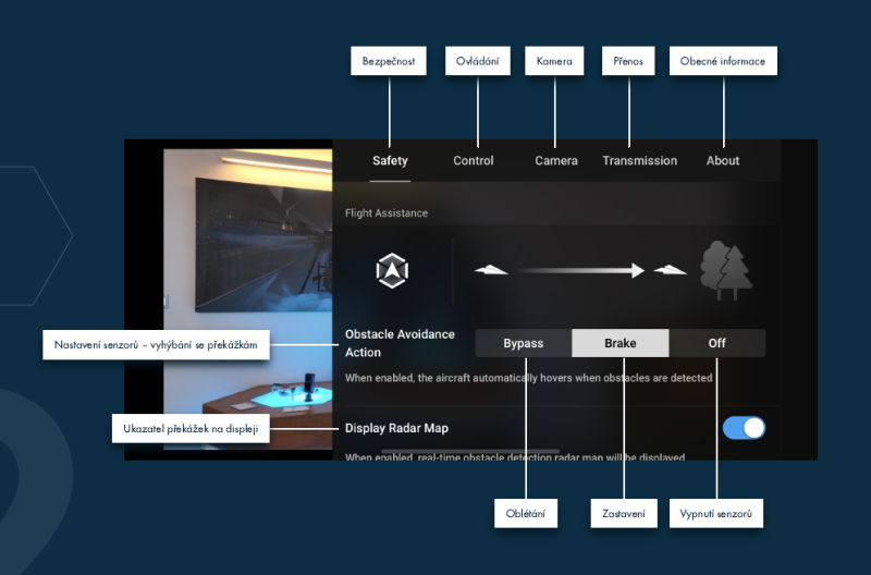 Nastavení překážkových senzorů u dronů DJI Fly