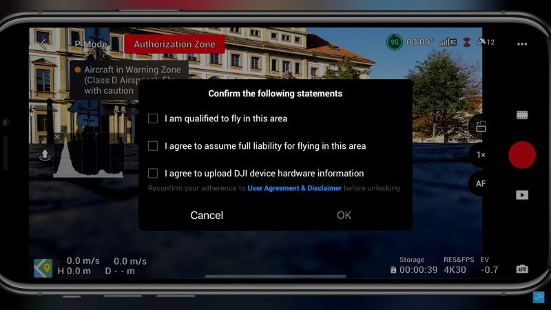 DJI Fly autorizační zóna potvrzení pro odemčení