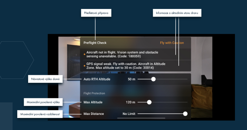 Vypnuté senzory na dronu DJI Fly