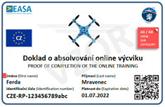 doklad o absolvování online výcviku dálkově řídícího pilota (způsobilost A1 A3