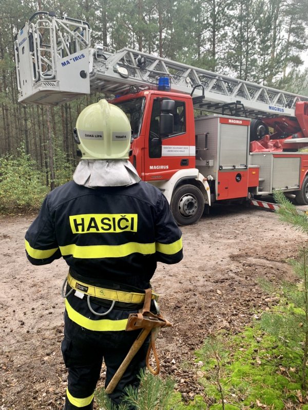 Zásah hasičů, sundavání dronu ze stromu