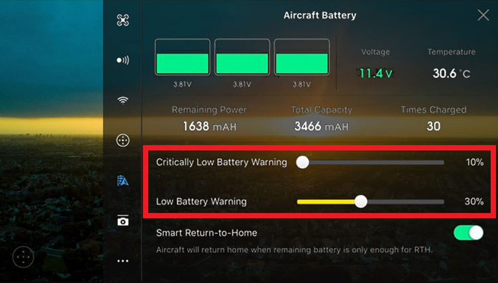 Upozornění na nízký stav baterie v aplikaci DJI GO 2