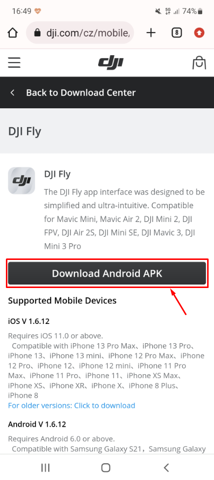 Stažení aplikace DJI Fly