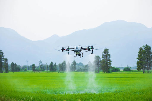 5 Zemědělský dron DJI Agras T50 využívající technologii dvou vysokokapacitních trysek.
