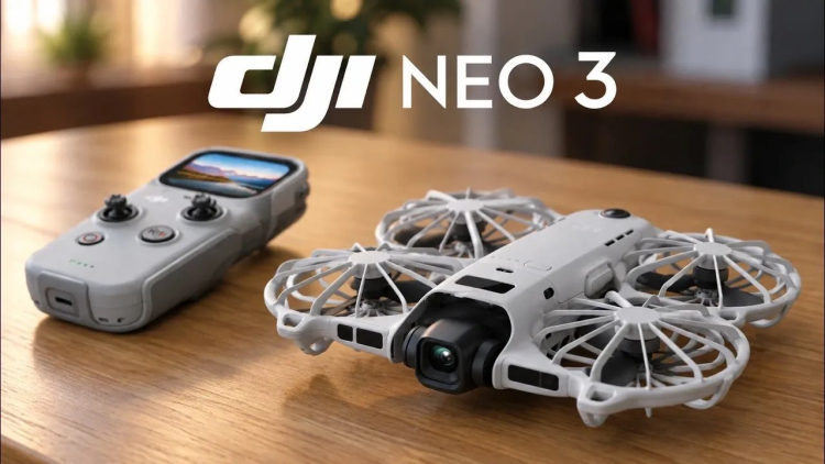 Vygenerovaný obrázek DJI Neo 3 a ovladače RC Mini na dřevěném stole