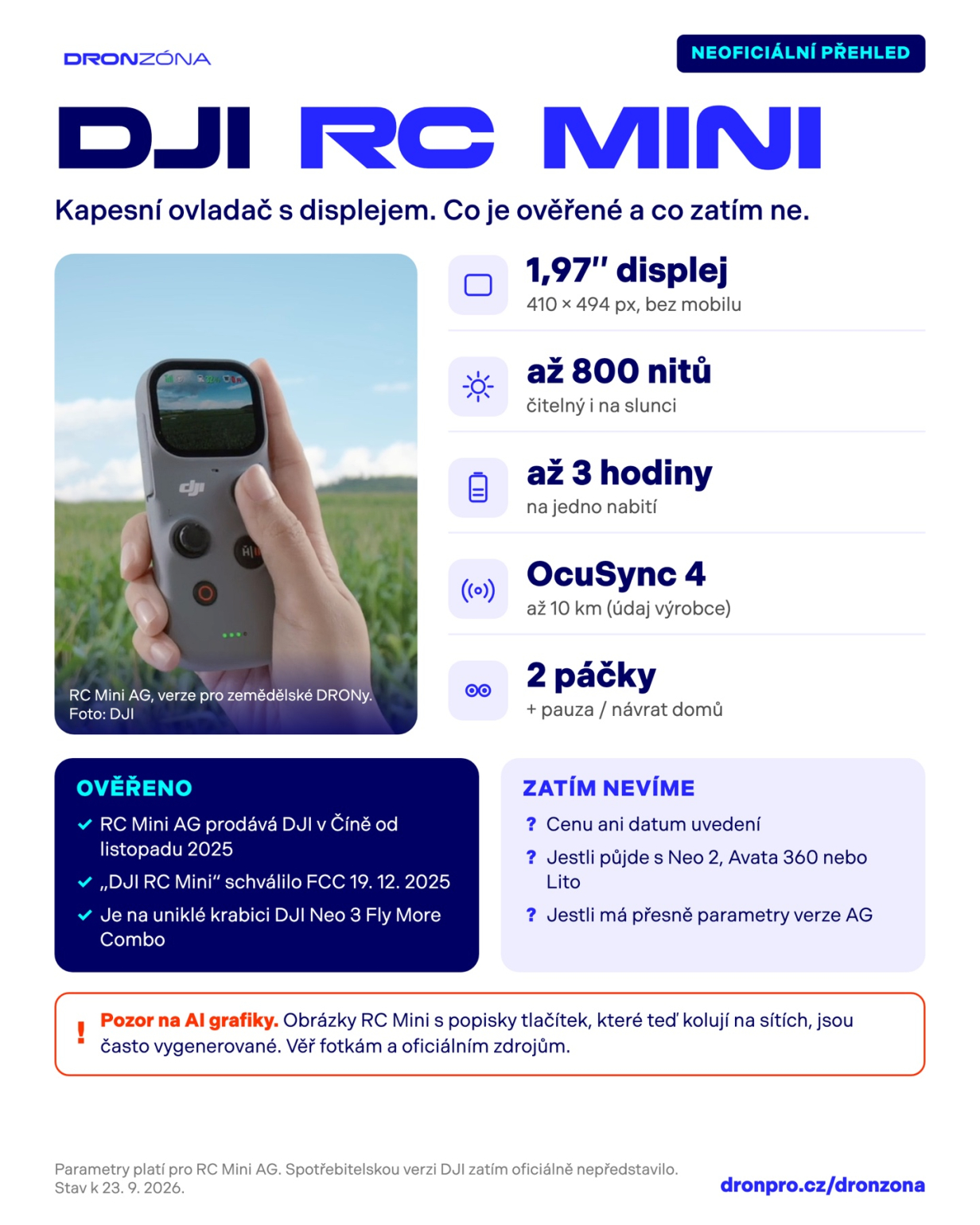 Infografika DRONZÓNA: DJI RC Mini, parametry a přehled toho, co je ověřené a co zatím ne