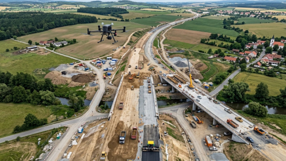 DRON ve vzduchu nad staveništěm