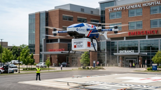 A DRONE with VTOL rotors takes off from a hospital site with a small transport box