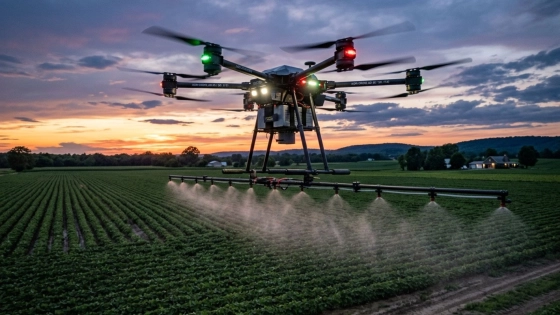 VTOL dron nad polem s postřikovací rampou
