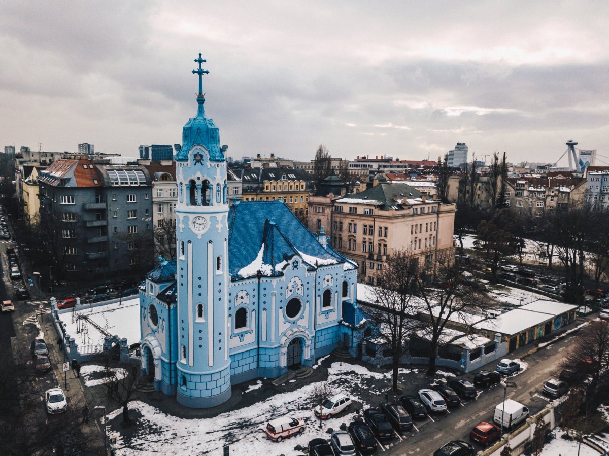 Blue Church Bratislava drone photography
