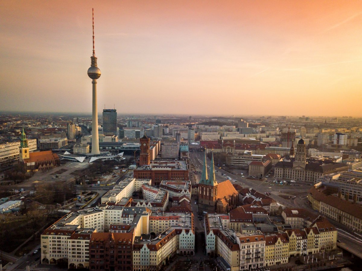 Berliner Fernsehturm with sunset drone photography