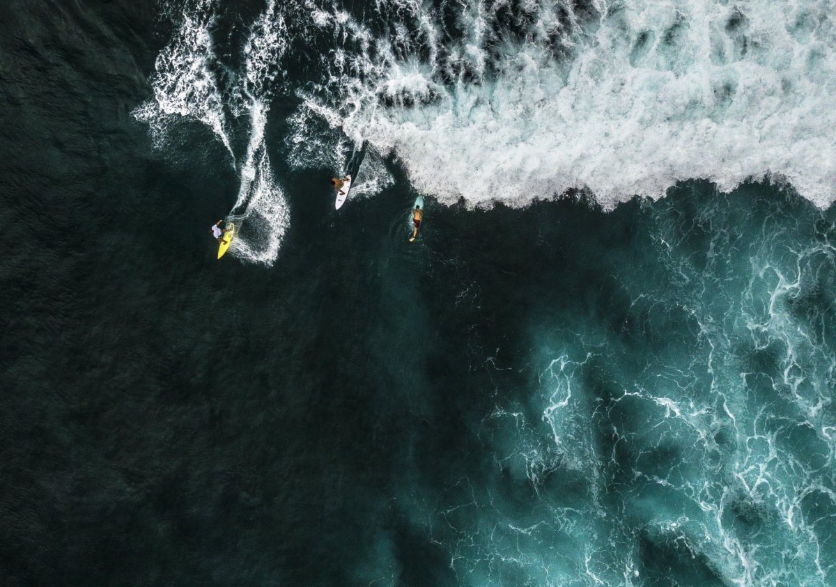 Surfers and wave from drone