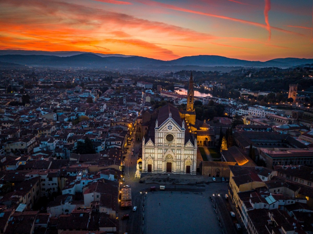 Basilica di Santa Croce and sunset drone photography