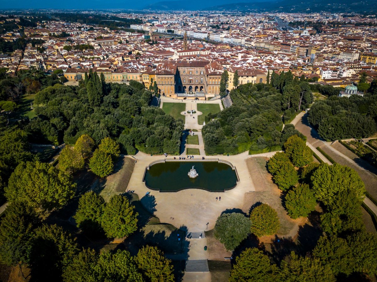 Palazzo Pitti & Boboli Gardens from drone