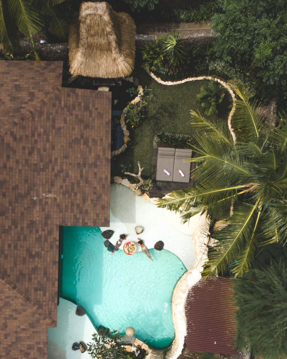 Pool and palms drone photography