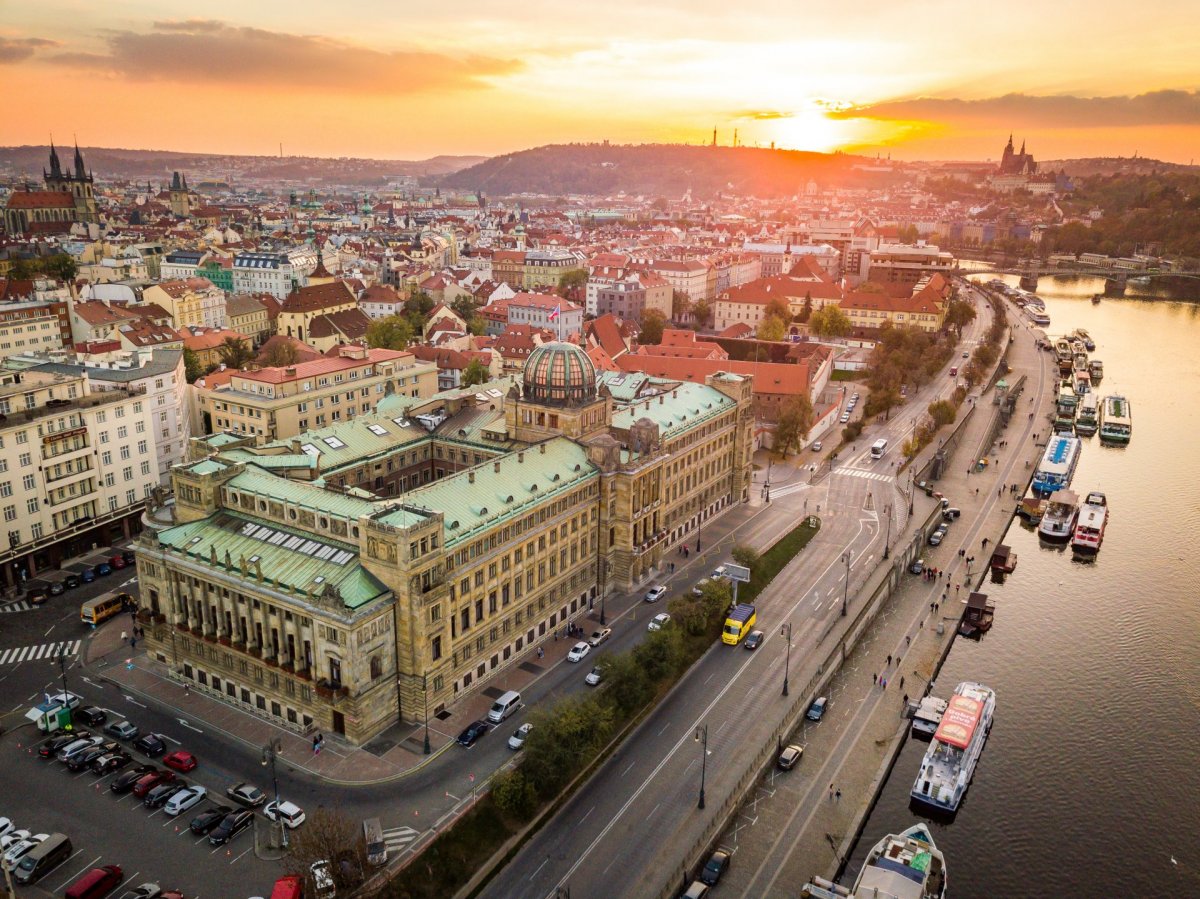 Prague sunset with river from drone