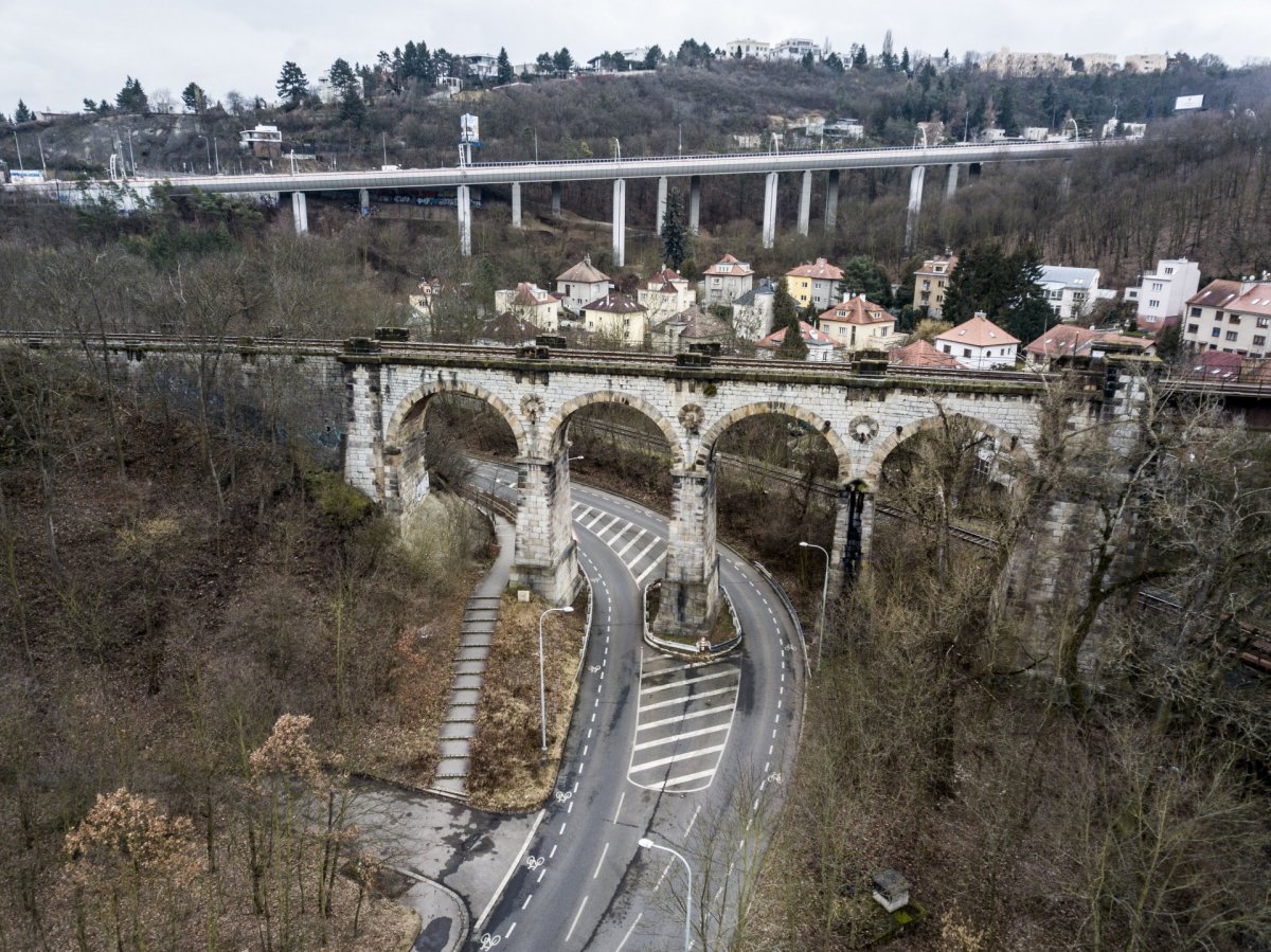 Train Bridge Prague Barrandov from drone
