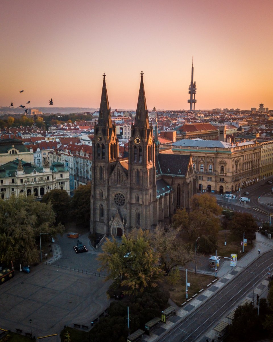 Prague church st. Ludmila from drone
