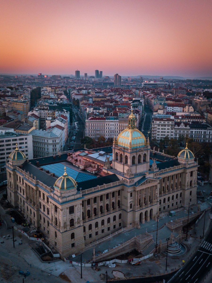 National Museum Prague from side drone photo