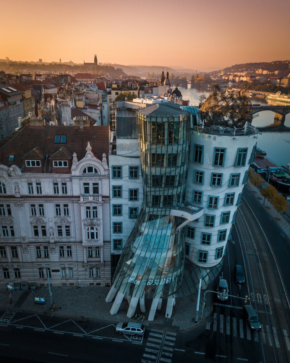 Dancing house from drone Prague