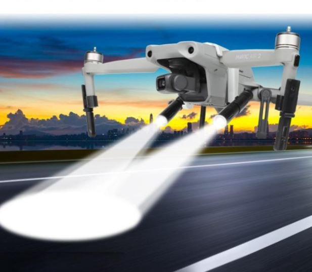 Zvýšené přistávací nohy a LED světla na dron DJI Mavic Air 2 v noci