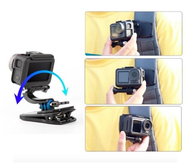 Otočný klip na batoh pro akční kameru nasazený