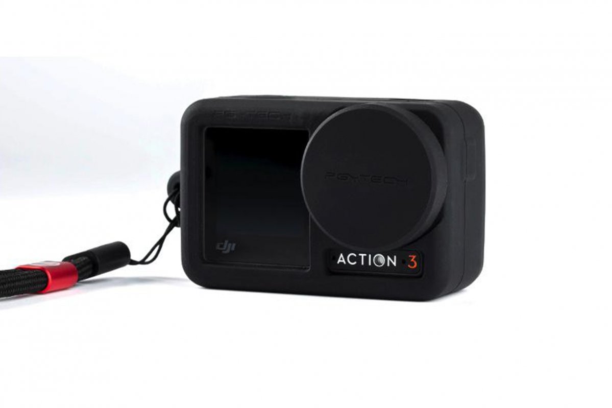 Pgytech silikonový kryt s poutkem na kameru DJI Osmo Action 3 nasazený
